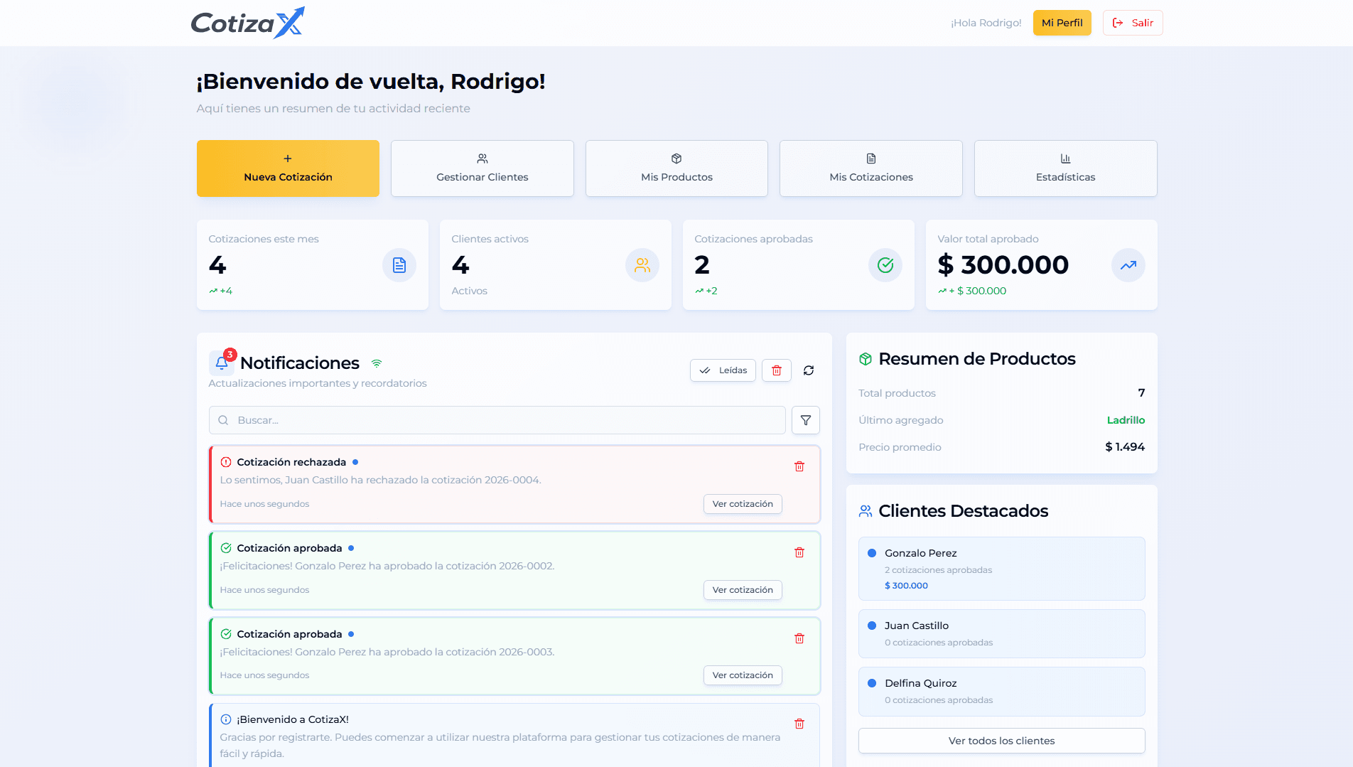 Panel de control de CotizaX - Software de cotizaciones profesionales para plomeros, electricistas y oficios